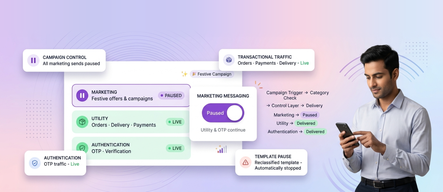 Marketing operations team pausing WhatsApp marketing messages from a single dashboard toggle