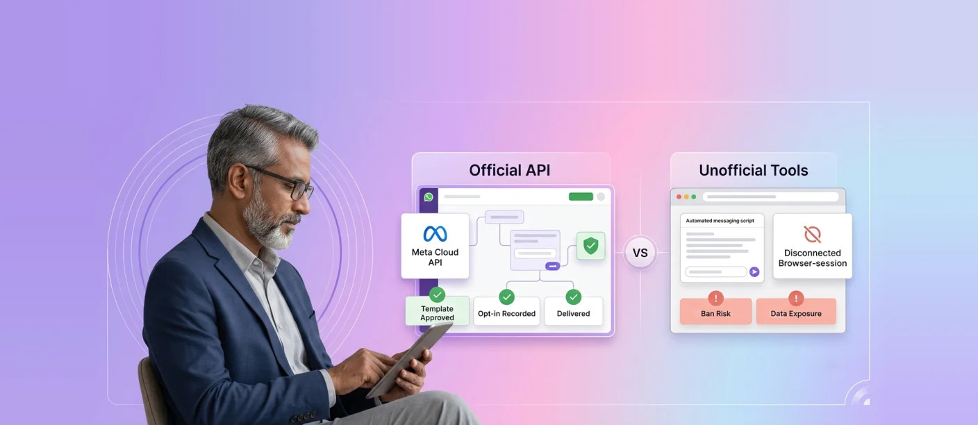Comparison of the official Meta WhatsApp API and unofficial WhatsApp tools showing compliance and ban risk