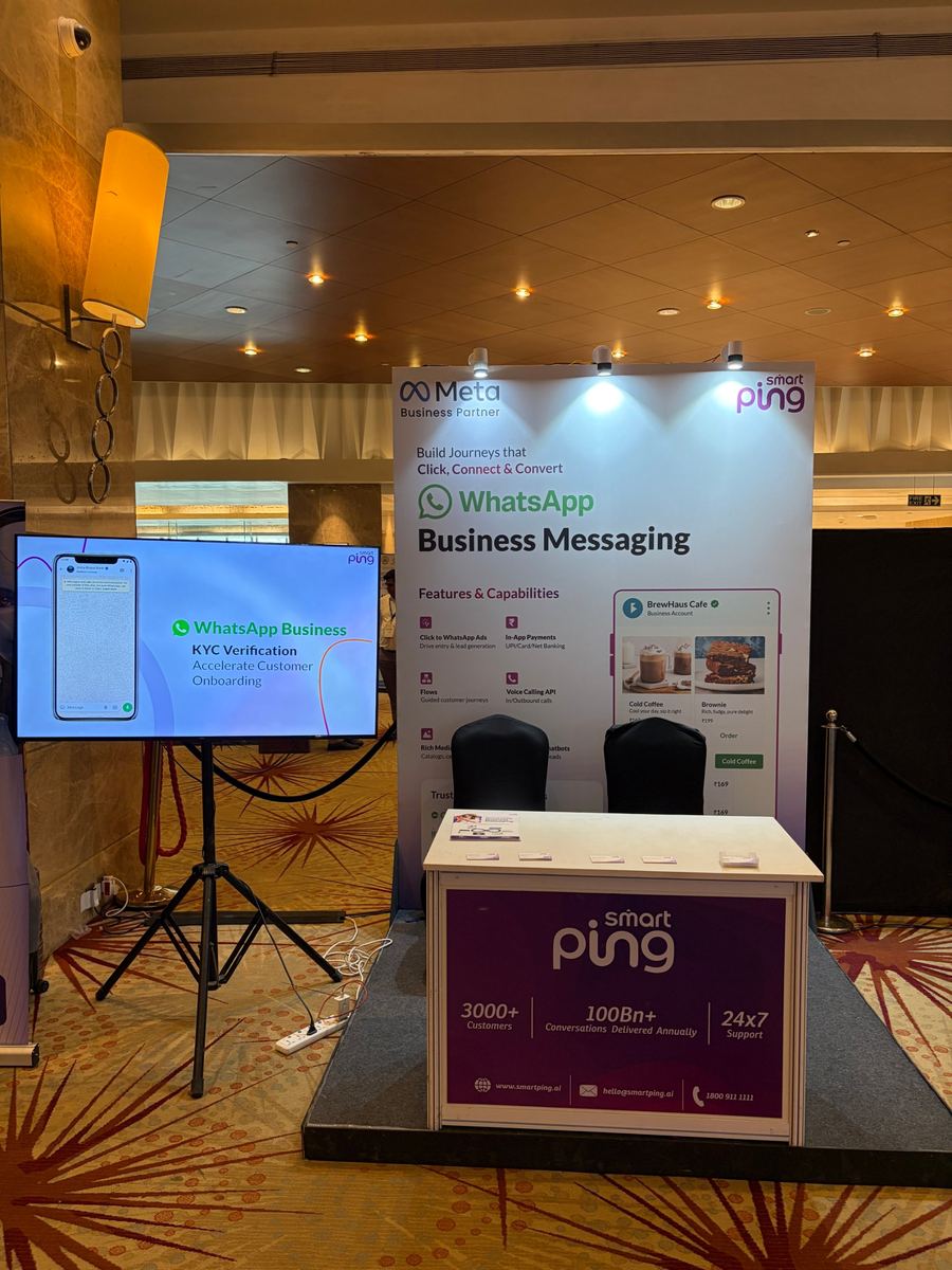 Smartping WhatsApp Business Messaging booth at World AI Summit 2026 with WhatsApp KYC verification on display