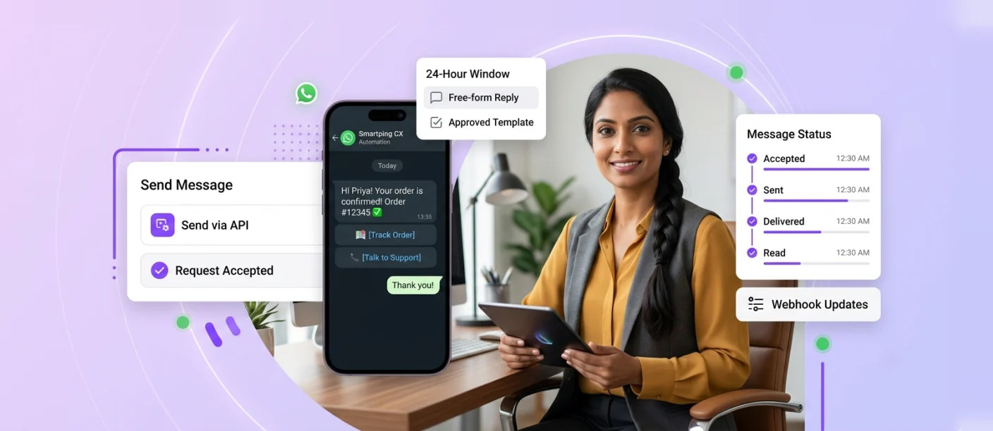 WhatsApp API message flow from business system to customer with delivery status updates