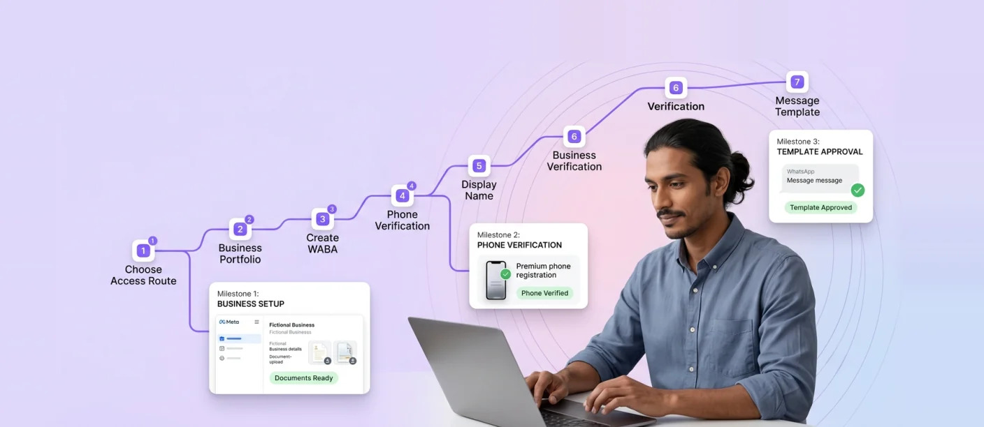 Step-by-step WhatsApp Business API application flow from Meta Business Suite to approved template